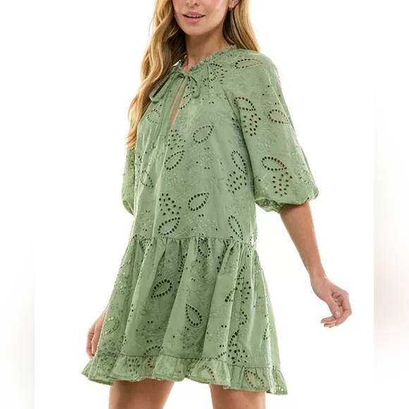 SENI & CADE Eyelet Embroidered Blouson-Sleeve Shift Dress Size Large - Picture 3 of 10